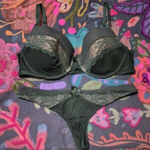 Adore Me Dark Green Lace Bra And Thong Set